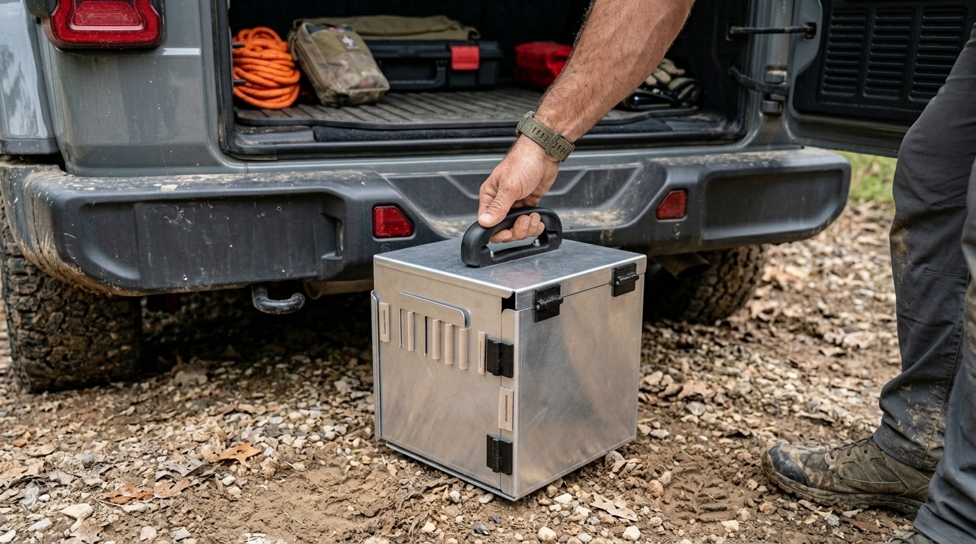 Kitchen Cube placed on trail, Jeep in background
